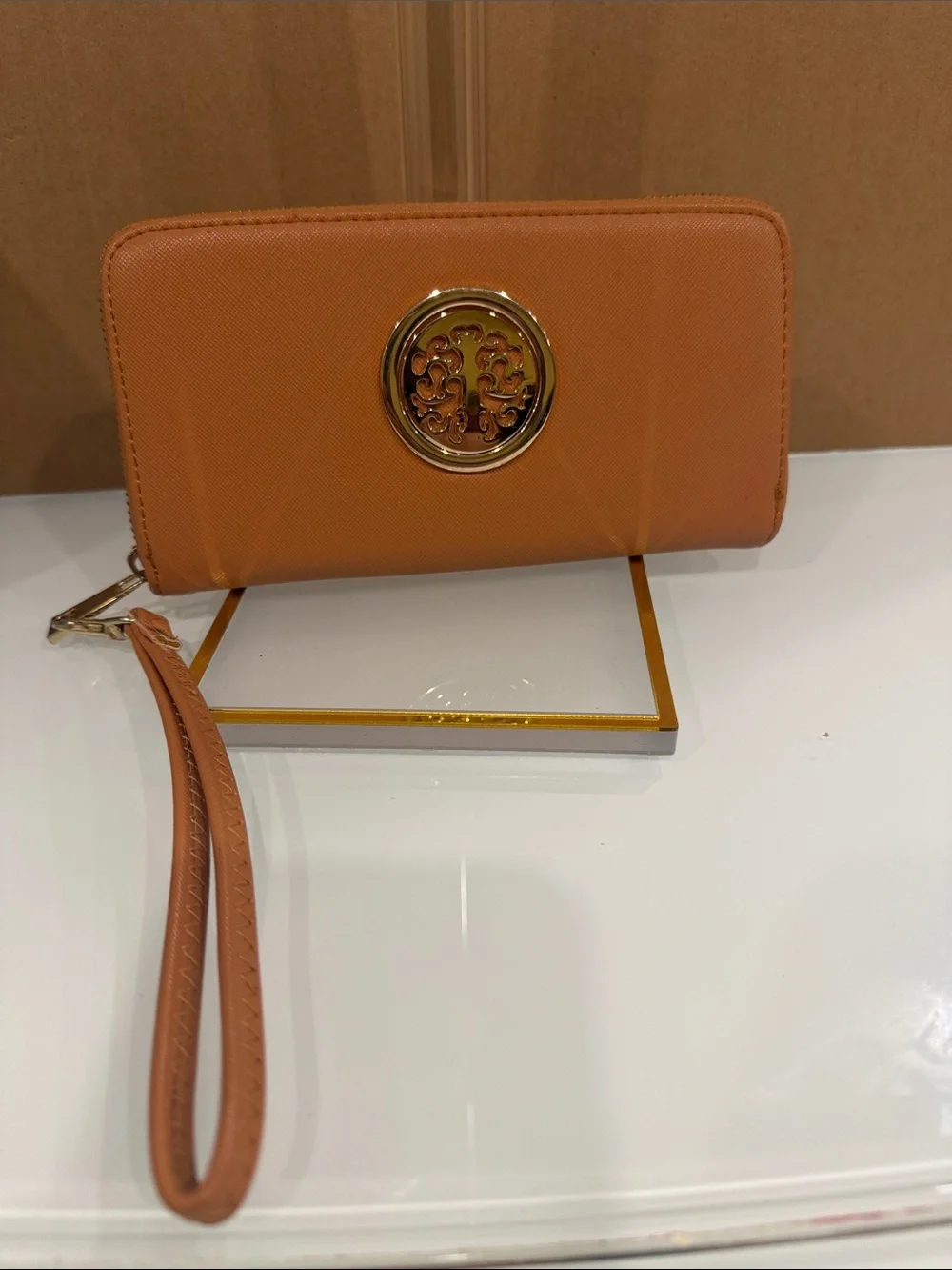 Tory Burch Caramel Tan Wristlet with Gold Logo Medallion